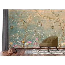 Een fotobehang van bloemen en vogels op een grunge muur in een woonkamer met Airtex.