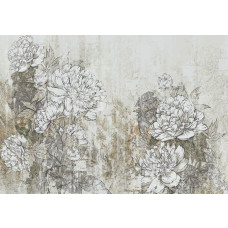 Fotobehang met een artistieke schildering van bloemen verwerkt in een betonnen ondergrond, gecombineerd met kunstzinnige details.