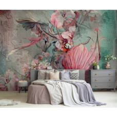 Een fotobehang van bloemen op een schilderij in een kunstzinnige slaapkamer.