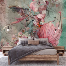 Een fotobehang van bloemen op een schilderij in vliesbehangstijl voor een slaapkamer.