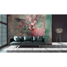 Een fotobehang van bloemen op een schilderij in vliesbehangstijl voor een woonkamer.