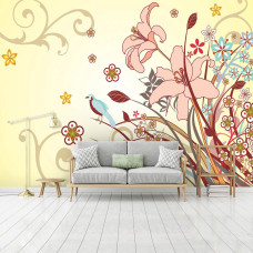 Een fotobehang met een artistiek bloemenpatroon in abstracte stijl.