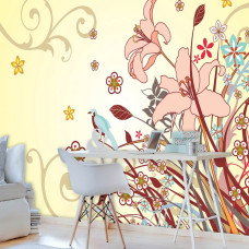Een fotobehang met een abstract bloemenpatroon in kunstzinnige stijl voor een kantoor.
