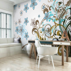Een fotobehang van een kunstzinnig bloemenpatroon met abstracte vormen en ornamenten.