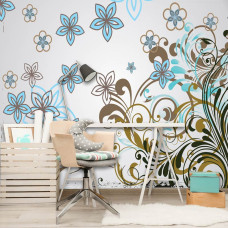 Een fotobehang van een abstract bloemenpatroon in kunstzinnige stijl in een kantoor.