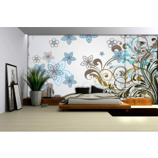 Een fotobehang met een abstract bloemenpatroon in een kunstzinnige stijl, ideaal voor een slaapkamer.