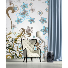 Een fotobehang van een abstract bloemenpatroon met ornamenten in een moderne woonkamer.