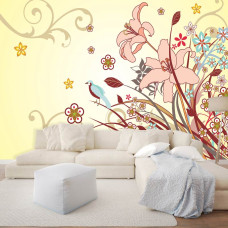 Een fotobehang van een abstract bloemenpatroon met kleurrijke details in een woonkamer.