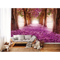 Een fotobehang van een tunnel met bloemen en bomen in 3D voor de woonkamer.