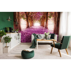 Een fotobehang van een 3D-tunnel met bloemen en bomen voor de keuken.