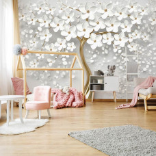 Een fotobehang met een abstracte bloemenboom voor de kinderkamer.