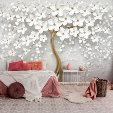 Een fotobehang met een abstracte bloemenboom voor de slaapkamer.
