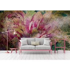 Een fotobehang met roze bloemen in een schilderachtig ontwerp in de slaapkamer.