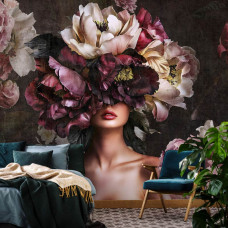 Fotobehang met een expressief bloemenportret van een vrouw in een moderne slaapkamer.