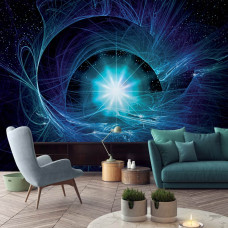 Een fotobehang met een explosieve blauwe supernova, speciaal voor een huiskamer.