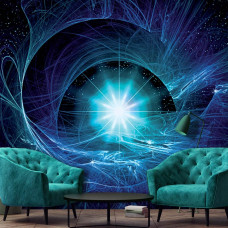 Een fotobehang met een blauw universum met een supernova, ideaal voor zowel een slaapkamer als een woonkamer.