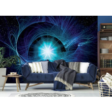 Een fotobehang met een ruimtegalaxy met blauwe details en een sterthema, ideaal voor een woonkamer.