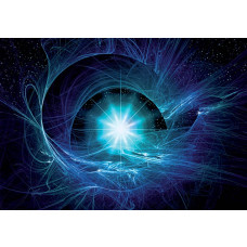 Blauwe supernova met sterren en planeten in het universum, vastgelegd op dit fotobehang met een diepblauwe kosmos.