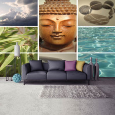 Een fotobehang van een Boeddha yoga-collage voor de woonkamer.