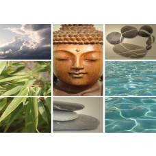 Fotobehang met Boeddha, yoga en pilates symbolen in een harmonieuze collage.