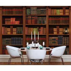 Fotobehang Boekenkast, met een oude boekenkast vol boeken die een klassieke en gezellige uitstraling geven in een eetkamer.