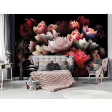 Een fotobehang van een kleurrijk bloemenboeket te zien in de slaapkamer.