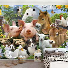 Een fotobehang van vrolijke boerderijdieren, ideaal voor een jongenskamer.