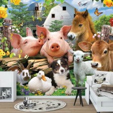 Een fotobehang met een beestenboel van boerderijdieren, perfect voor een kinderkamer.