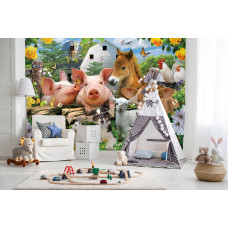 Een fotobehang met boerderijdieren in een grappige selfie-stijl, geschikt voor de speelkamer.