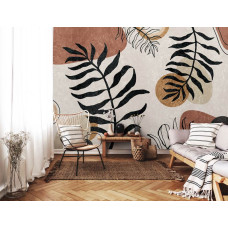 Een fotobehang met een bohemian jungle met exotische bladeren, ideaal voor een woonkamer.