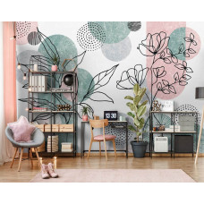 Een fotobehang met bohemian line-art, ideaal voor een moderne woonkamer.
