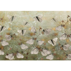 Fotobehang Boho Vlinders Muur met beige vlinders op een lichte achtergrond.