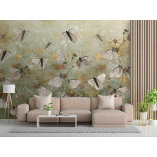 Fotobehang Boho Vlinders Muur met beige vlinders op een lichte achtergrond.