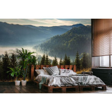 Een fotobehang met een berglandschap met bomen en mystieke mist, ideaal voor een slaapkamer.