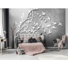 Een fotobehang van een boom met vogels in zilverkleur in een abstract ontwerp voor de slaapkamer.