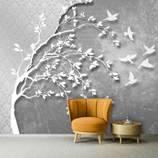 Een fotobehang van een boom met zilveren vogels en een abstract ontwerp voor de woonkamer.
