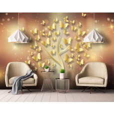 Een fotobehang van een boom met goudkleurige vlinders, die een sprankelende sfeer creėren in een woonkamer.