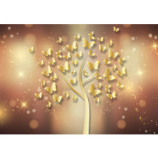 Fotobehang met een sprankelende boom vol vlinders, weergegeven in een gouden en abstracte stijl.
