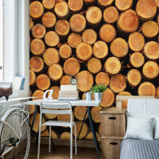 Een fotobehang met een houten boomstammenpatroon voor de woonkamer.