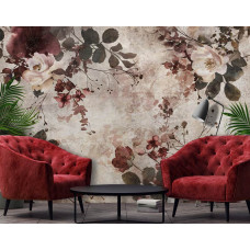 Een fotobehang met bordeauxrode bloemen op beton, ideaal voor een huiskamer.