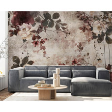 Een fotobehang met bordeauxrode bloemen op beton in een elegant ontwerp, geschikt voor een woonkamer.