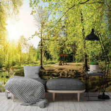 Een fotobehang van een serene bosomgeving met zonnestralen, passend voor de slaapkamer.
