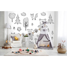 Een fotobehang met een bos en beren voor kinderen in de babykamer en kinderkamer.