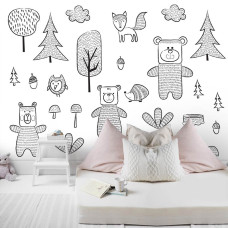 Een fotobehang met een bos en beren voor kinderen in de babykamer en meisjeskamer.