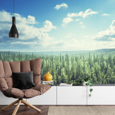 Een fotobehang met een betoverend beeld van een bos en wolken boven bergtoppen, ideaal voor een huiskamer.