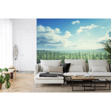 Een fotobehang met een prachtig zicht op een bos, afgewisseld met wolken die over bergen zweven, perfect voor een woonkamer.
