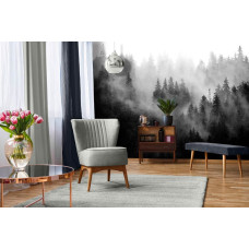 Een fotobehang van een mistig boslandschap in de natuur te zien in de huiskamer.