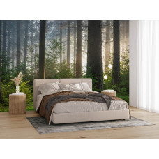 Fotobehang met hoge bomen en ochtendzon in een moderne slaapkamer.