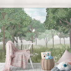 Een fotobehang van een bosavontuur voor kinderen in een speelse babykamer.