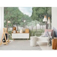 Een fotobehang van een bosavontuur voor kinderen in een levendige kinderkamer.